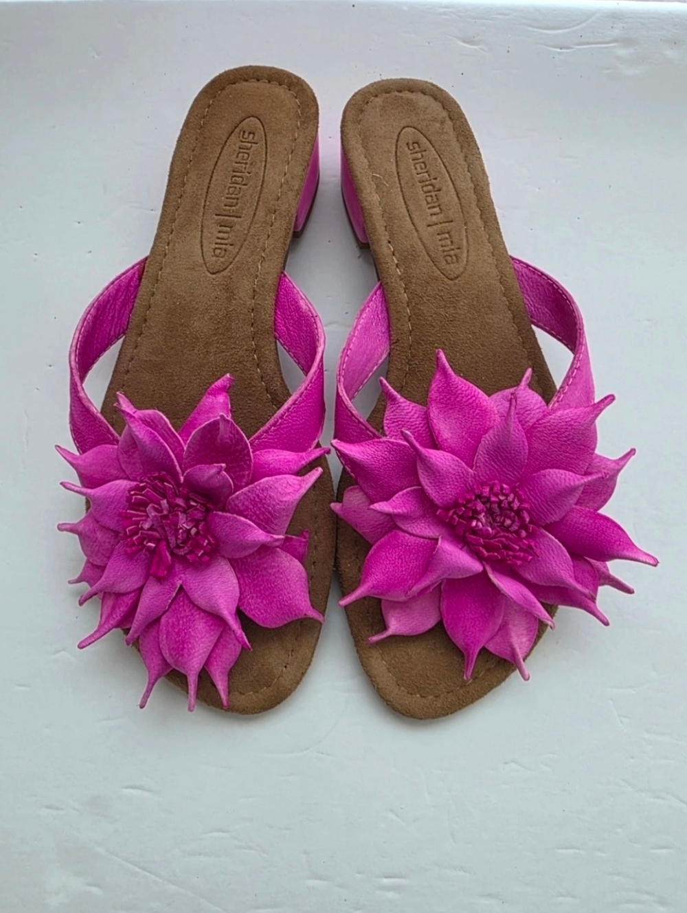 Anthropologie SHERIDAN MIA Leather Slide Sandal With Big Flower In Fuchsia Sz 38
